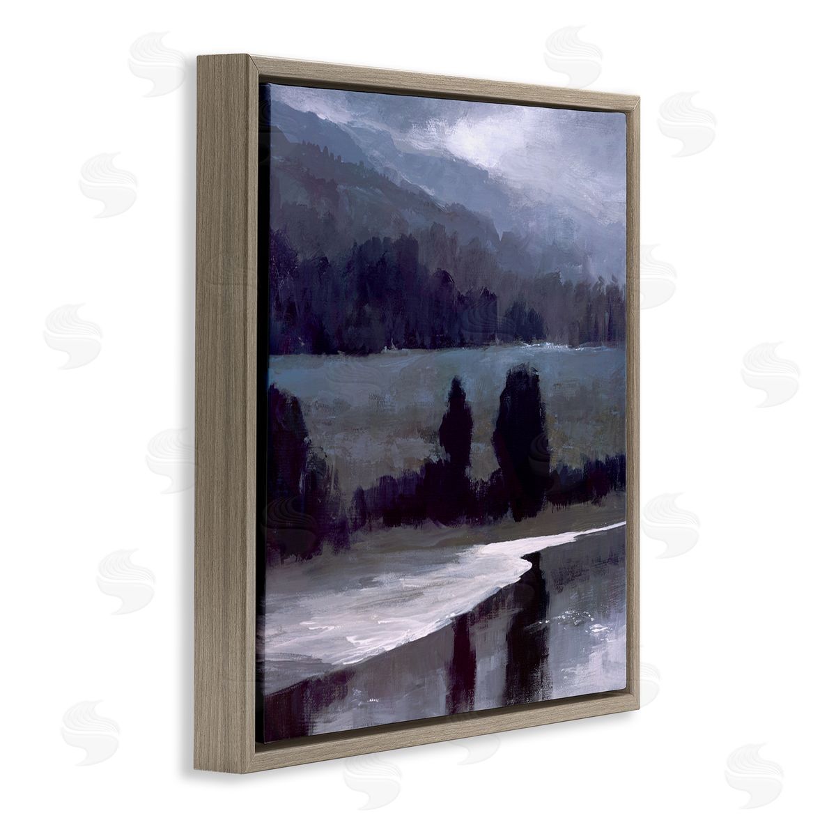 Sheila Finch Stormy Countryside Lake Landscape Dark Blue Green Brown Floater Frame Canvas Art
