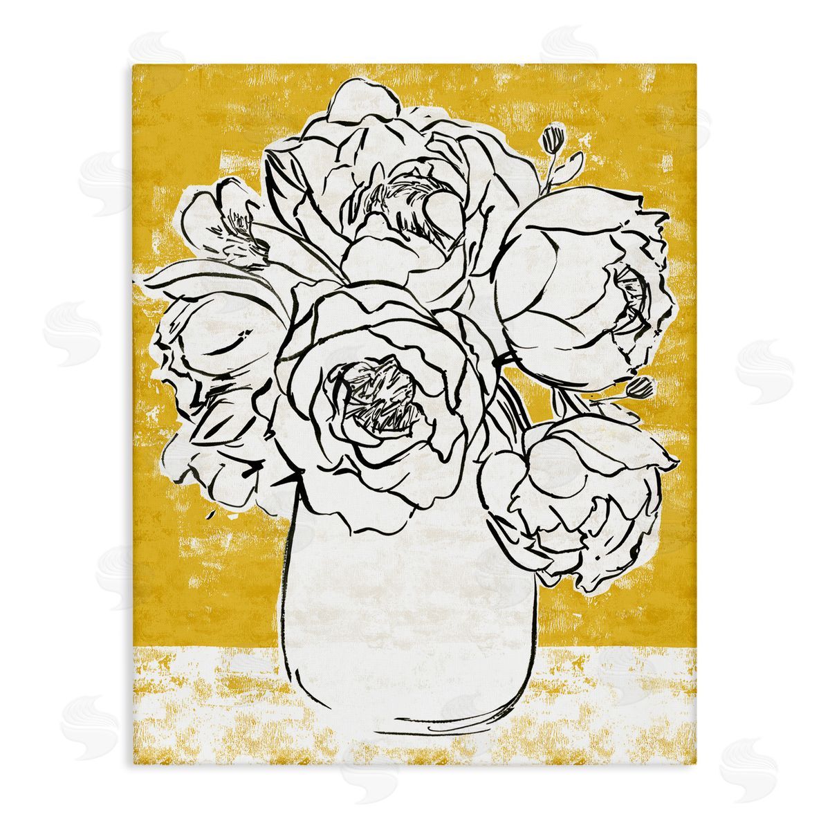 Annie Warren Peony Sketch Bouquet Contrasted Distressed Yellow Canvas Wall Art