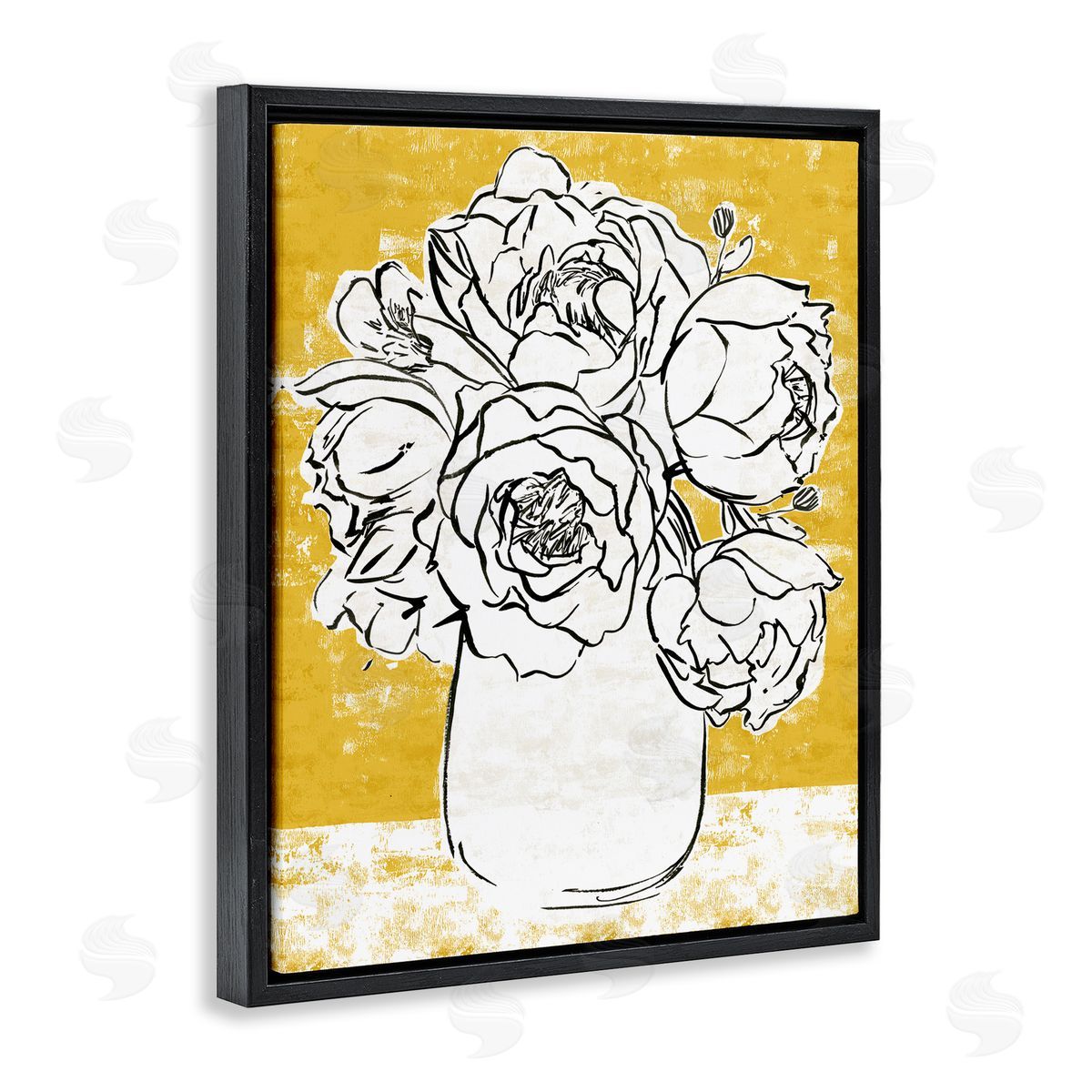 Annie Warren Peony Sketch Bouquet Contrasted Distressed Yellow Black Floater Frame Canvas Art
