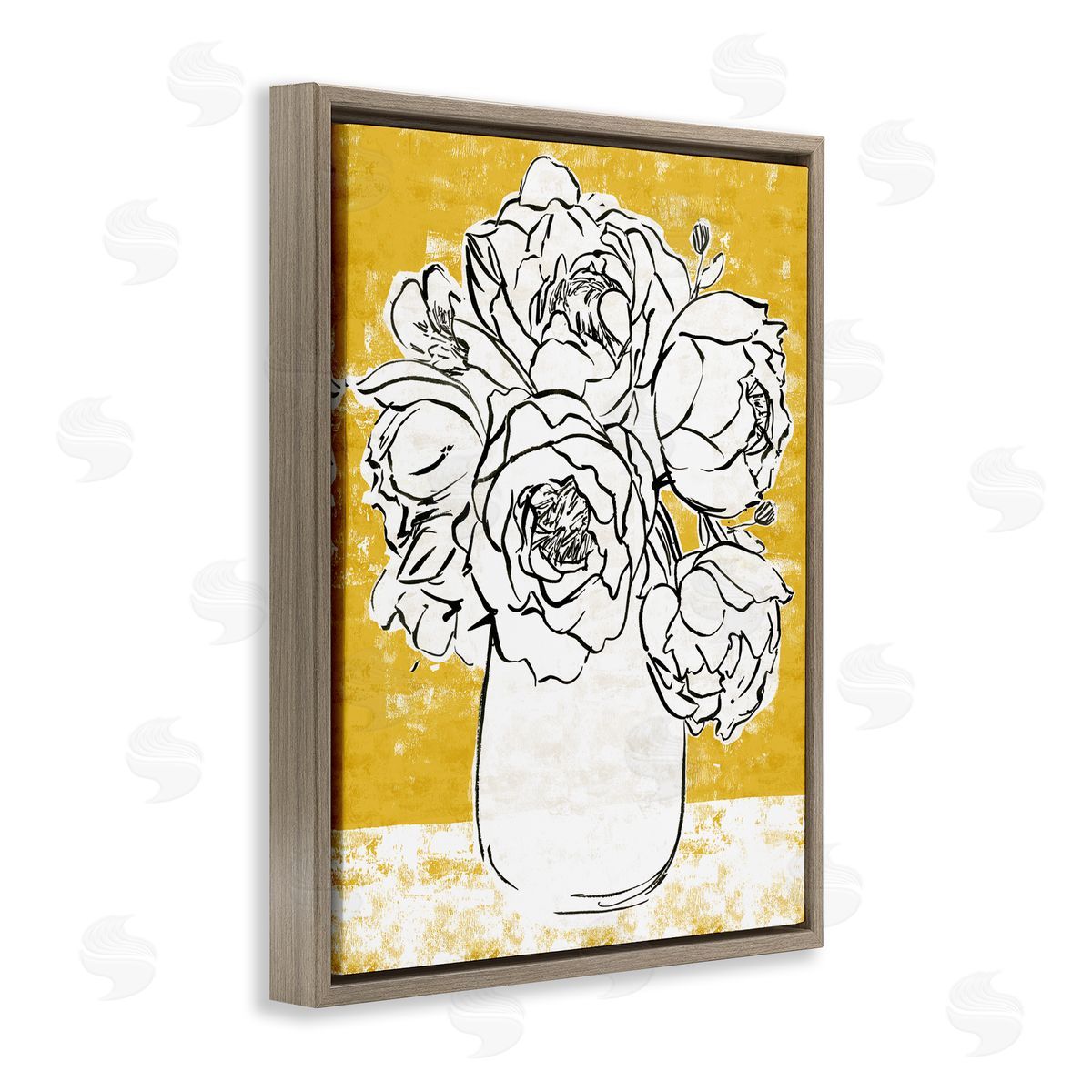Annie Warren Peony Sketch Bouquet Contrasted Distressed Yellow Brown Floater Frame Canvas Art