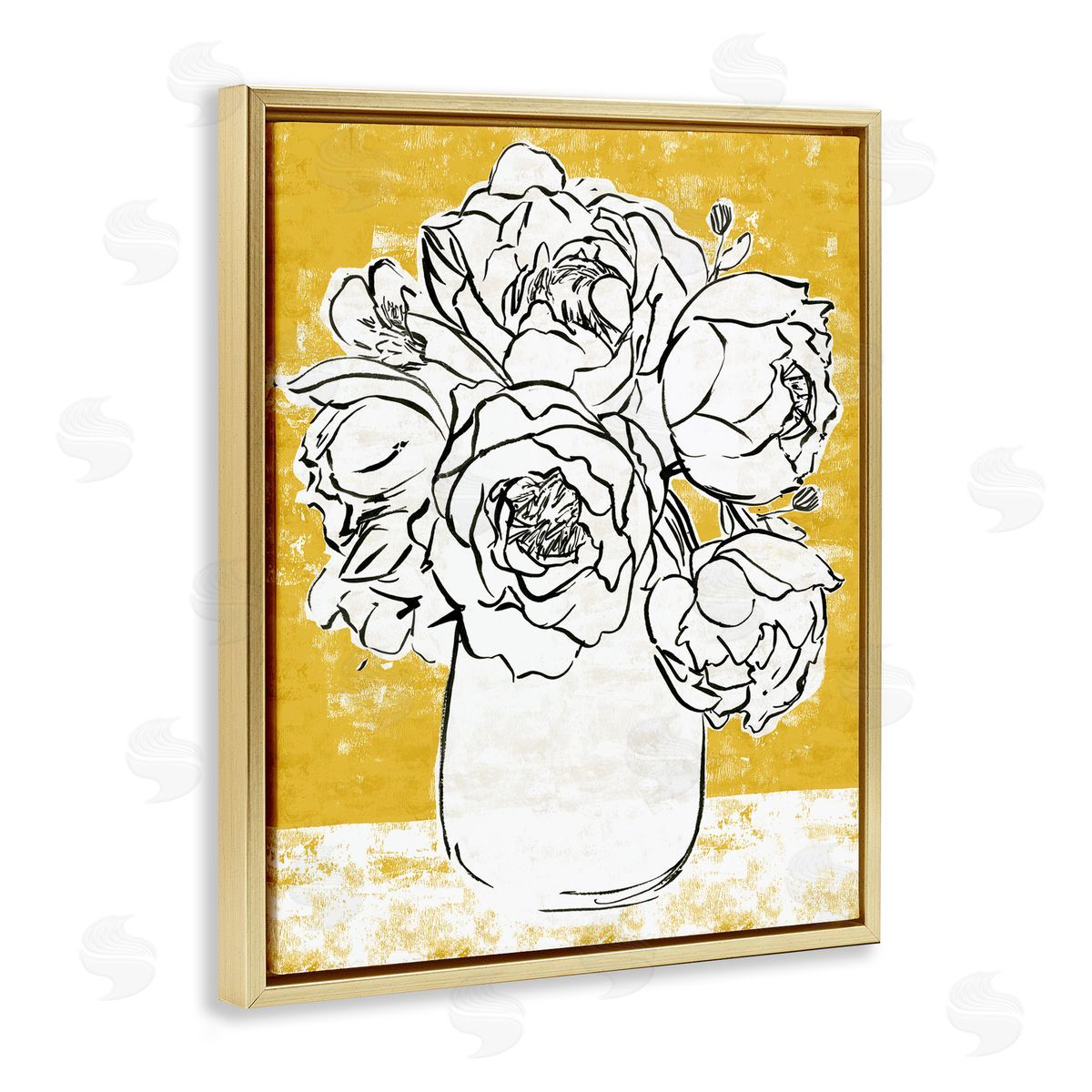 Annie Warren Peony Sketch Bouquet Contrasted Distressed Yellow Gold Floater Frame Canvas Art