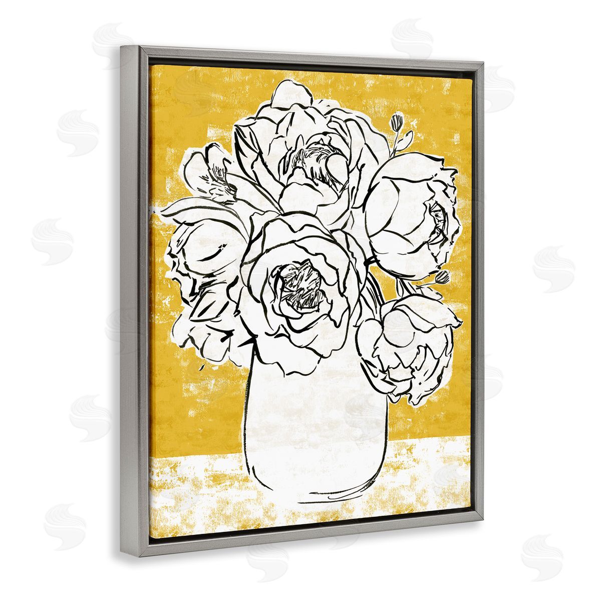 Annie Warren Peony Sketch Bouquet Contrasted Distressed Yellow Gray Floater Frame Canvas Art
