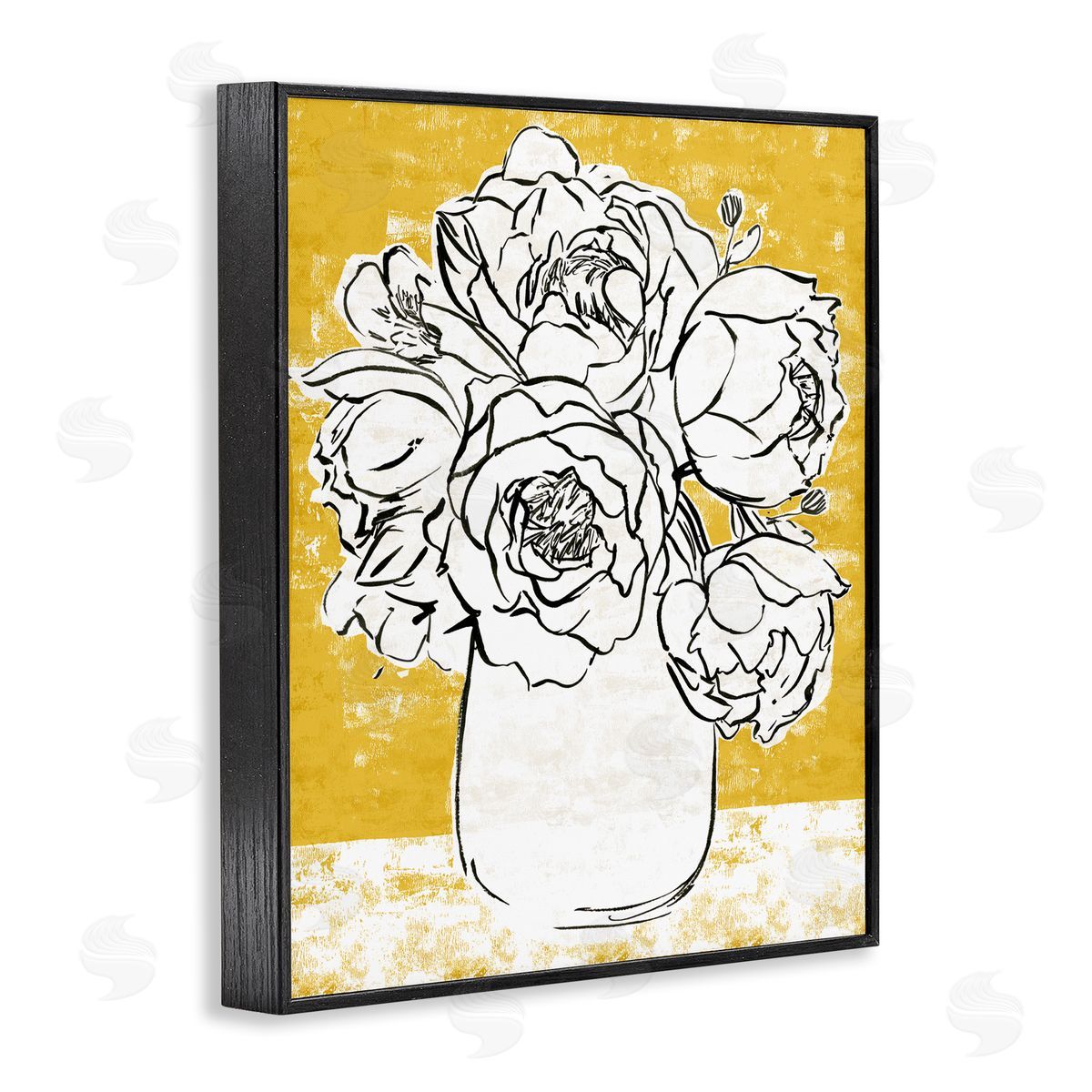 Annie Warren Peony Sketch Bouquet Contrasted Distressed Yellow Black Framed Giclee Wall Art