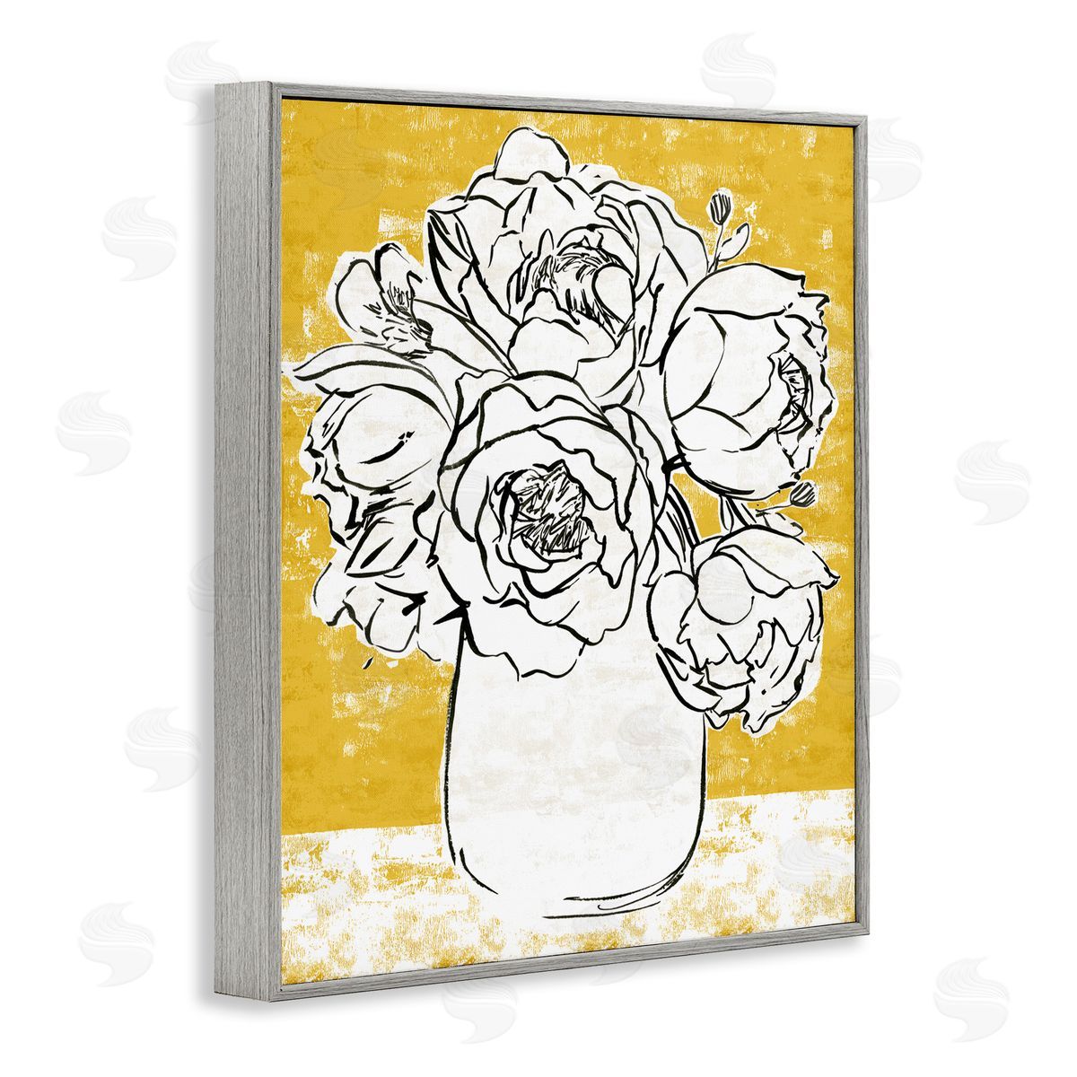 Annie Warren Peony Sketch Bouquet Contrasted Distressed Yellow Gray Framed Giclee Wall Art