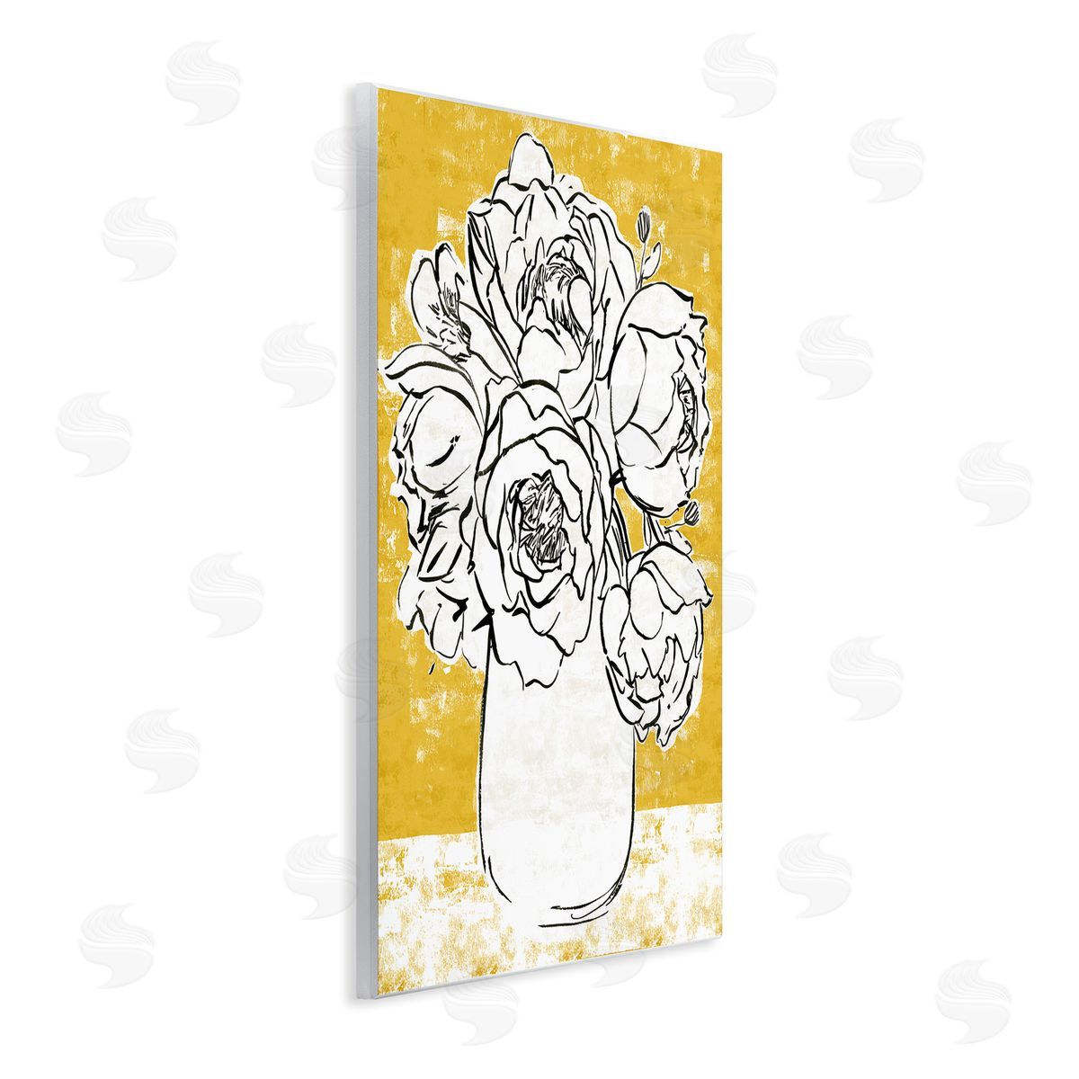 Annie Warren Peony Sketch Bouquet Contrasted Distressed Yellow Wall Plaque Art
