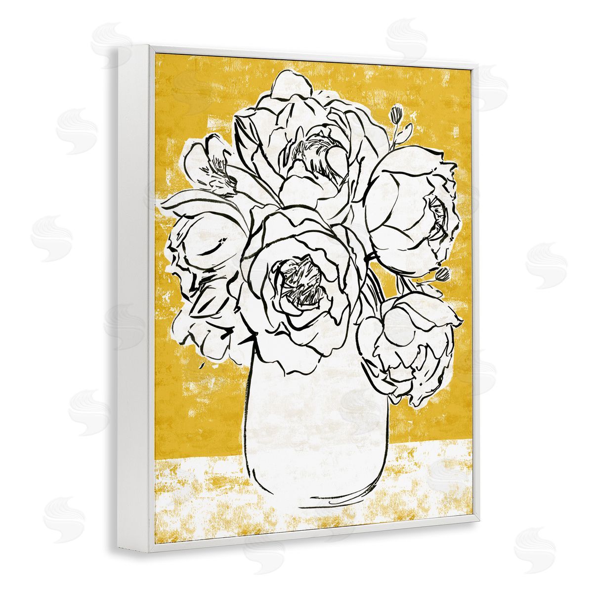 Annie Warren Peony Sketch Bouquet Contrasted Distressed Yellow White Framed Giclee Wall Art