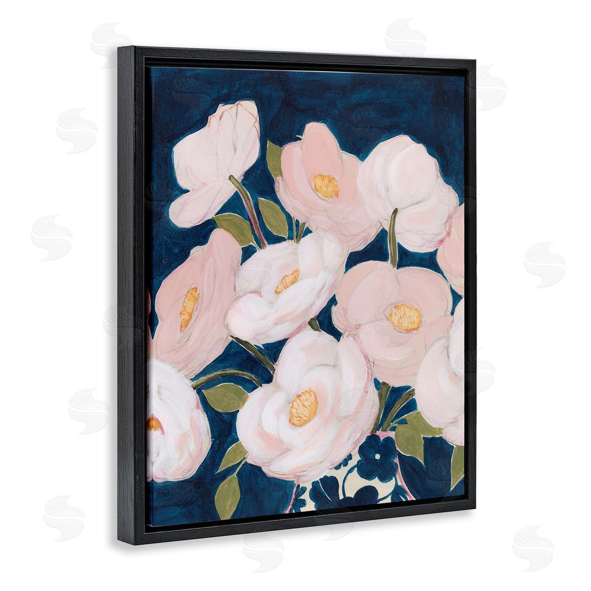 Grace Popp Spring Florals Pink Petals Over Deep Blue   Black Floater Frame Canvas Art
