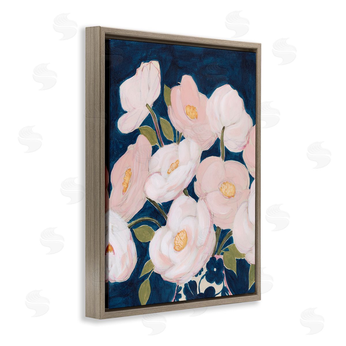 Grace Popp Spring Florals Pink Petals Over Deep Blue   Brown Floater Frame Canvas Art