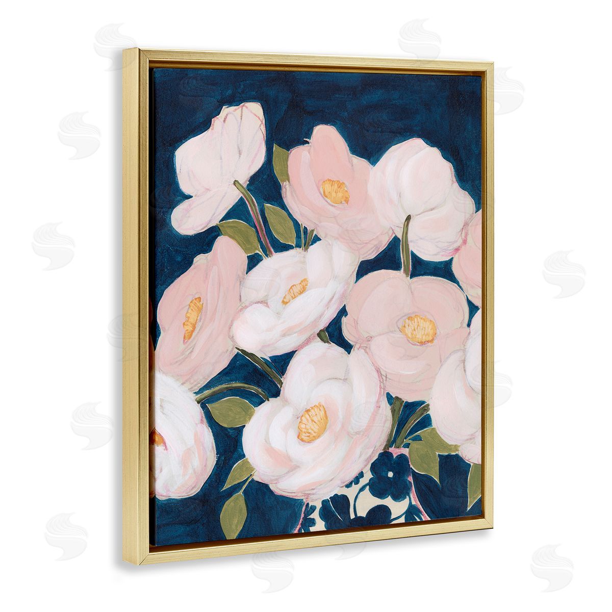 Grace Popp Spring Florals Pink Petals Over Deep Blue   Gold Floater Frame Canvas Art