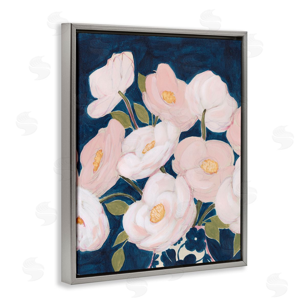 Grace Popp Spring Florals Pink Petals Over Deep Blue   Gray Floater Frame Canvas Art