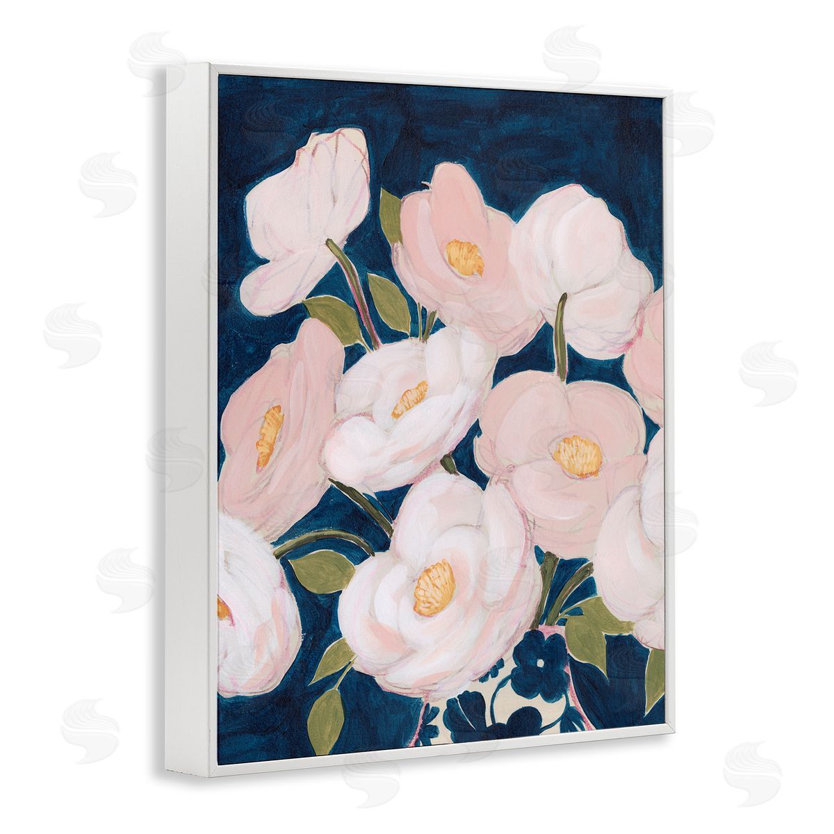 Grace Popp Spring Florals Pink Petals Over Deep Blue   White Framed Giclee Wall Art