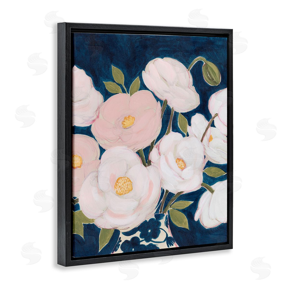 Grace Popp Luminous Pink Floral Bouquet Over Deep Blue Black Floater Frame Canvas Art