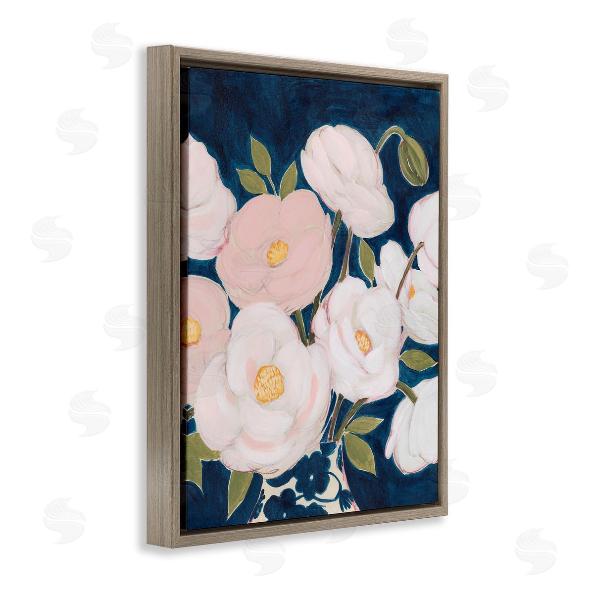 Grace Popp Luminous Pink Floral Bouquet Over Deep Blue Brown Floater Frame Canvas Art