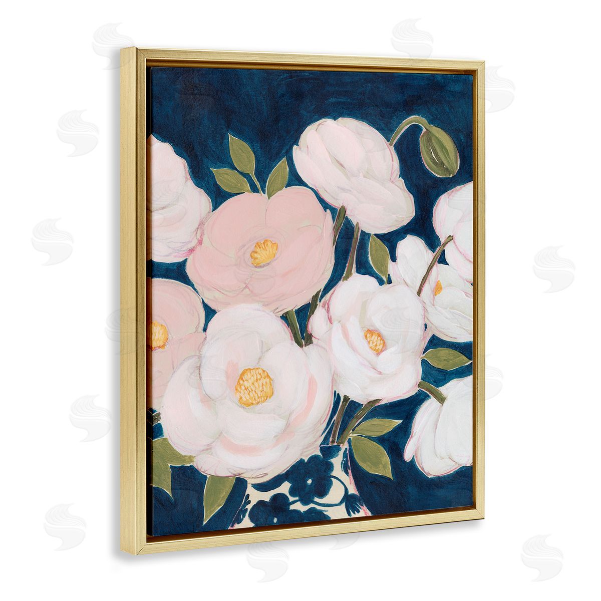 Grace Popp Luminous Pink Floral Bouquet Over Deep Blue Gold Floater Frame Canvas Art