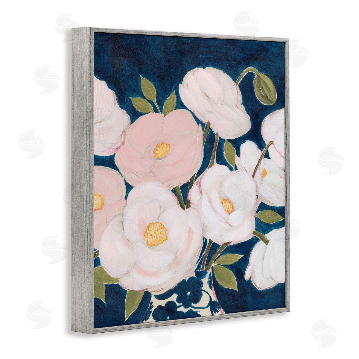 Grace Popp Luminous Pink Floral Bouquet Over Deep Blue Gray Framed Giclee Wall Art