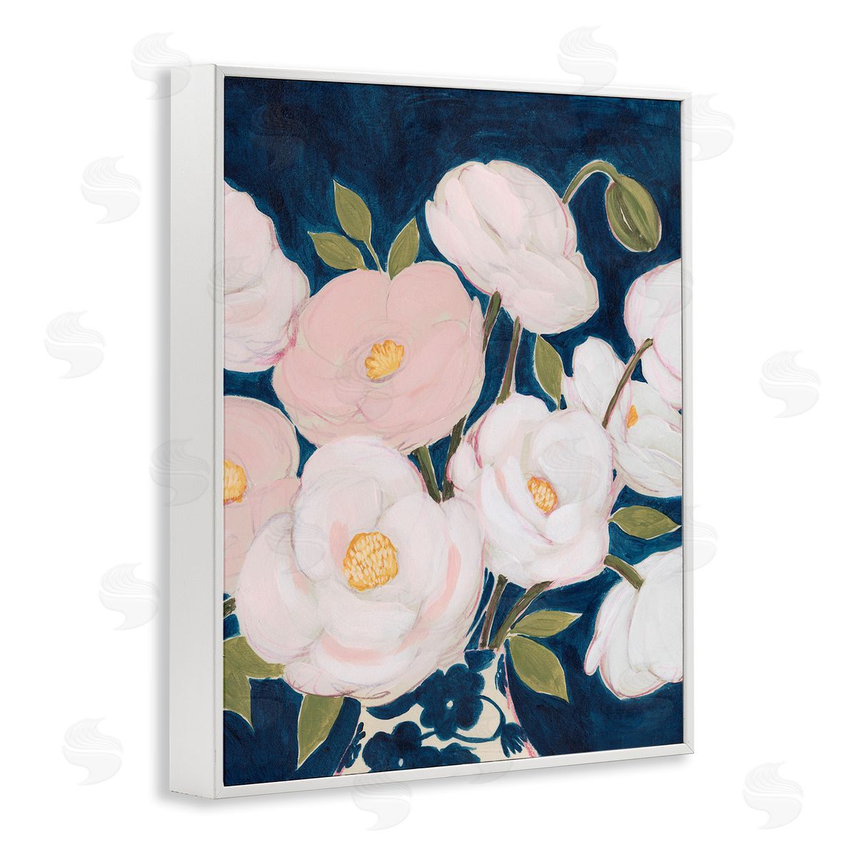 Grace Popp Luminous Pink Floral Bouquet Over Deep Blue White Framed Giclee Wall Art