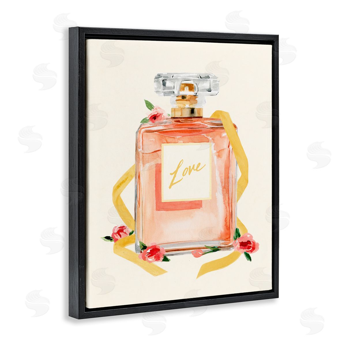 Annie Warren Love Text over Pink Floral Perfume Bottle Black Floater Frame Canvas Art