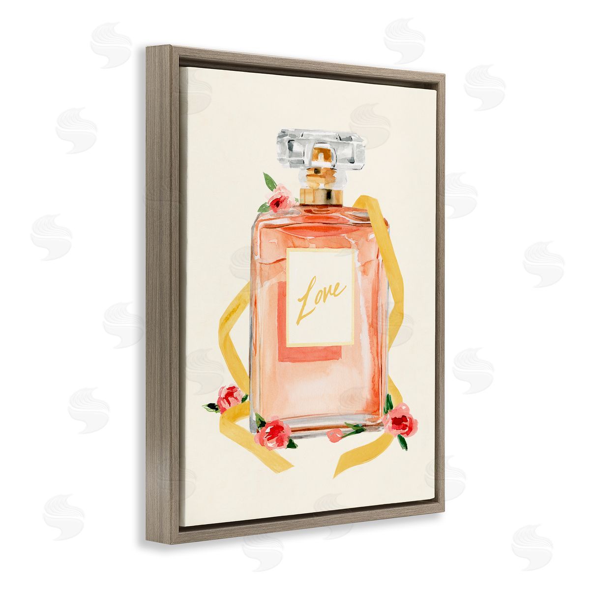 Annie Warren Love Text over Pink Floral Perfume Bottle Brown Floater Frame Canvas Art