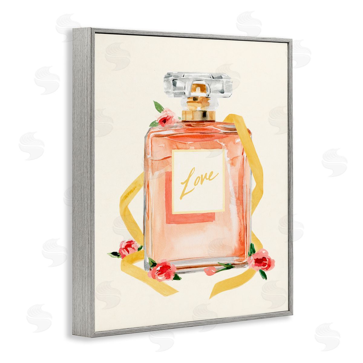 Annie Warren Love Text over Pink Floral Perfume Bottle Gray Framed Giclee Wall Art