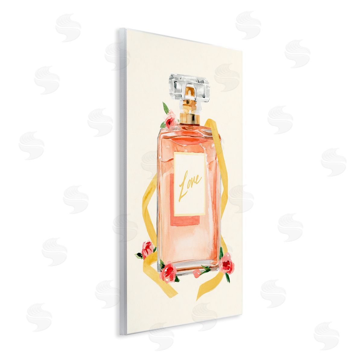 Annie Warren Love Text over Pink Floral Perfume Bottle Wall Plaque Art