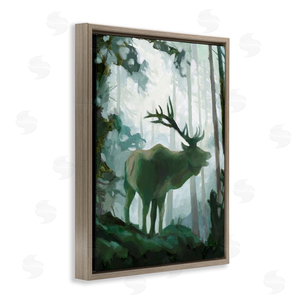 Jacob Green Elk Wilderness Silhouette Deep Green Forest Animal Brown Floater Frame Canvas Art