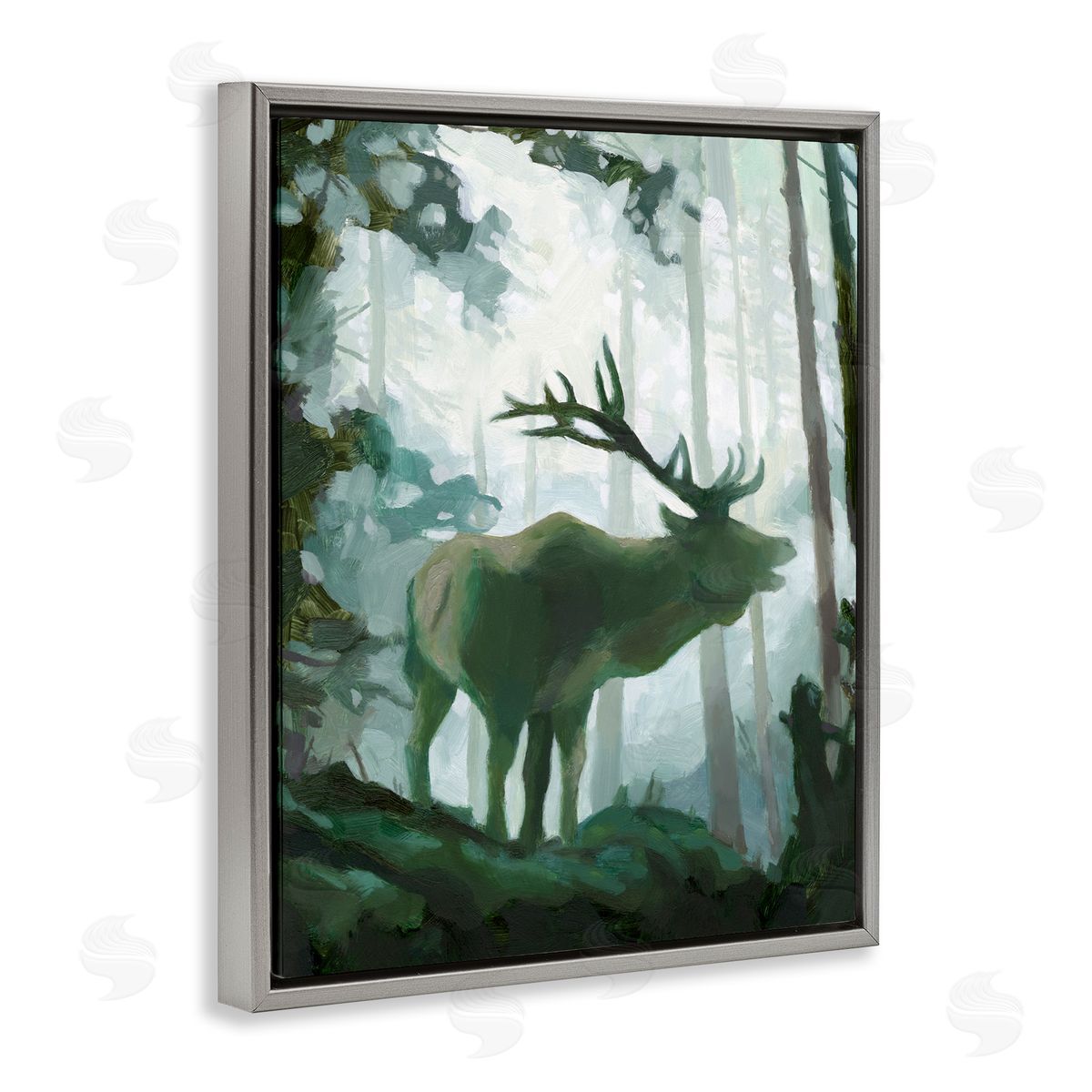 Jacob Green Elk Wilderness Silhouette Deep Green Forest Animal Gray Floater Frame Canvas Art