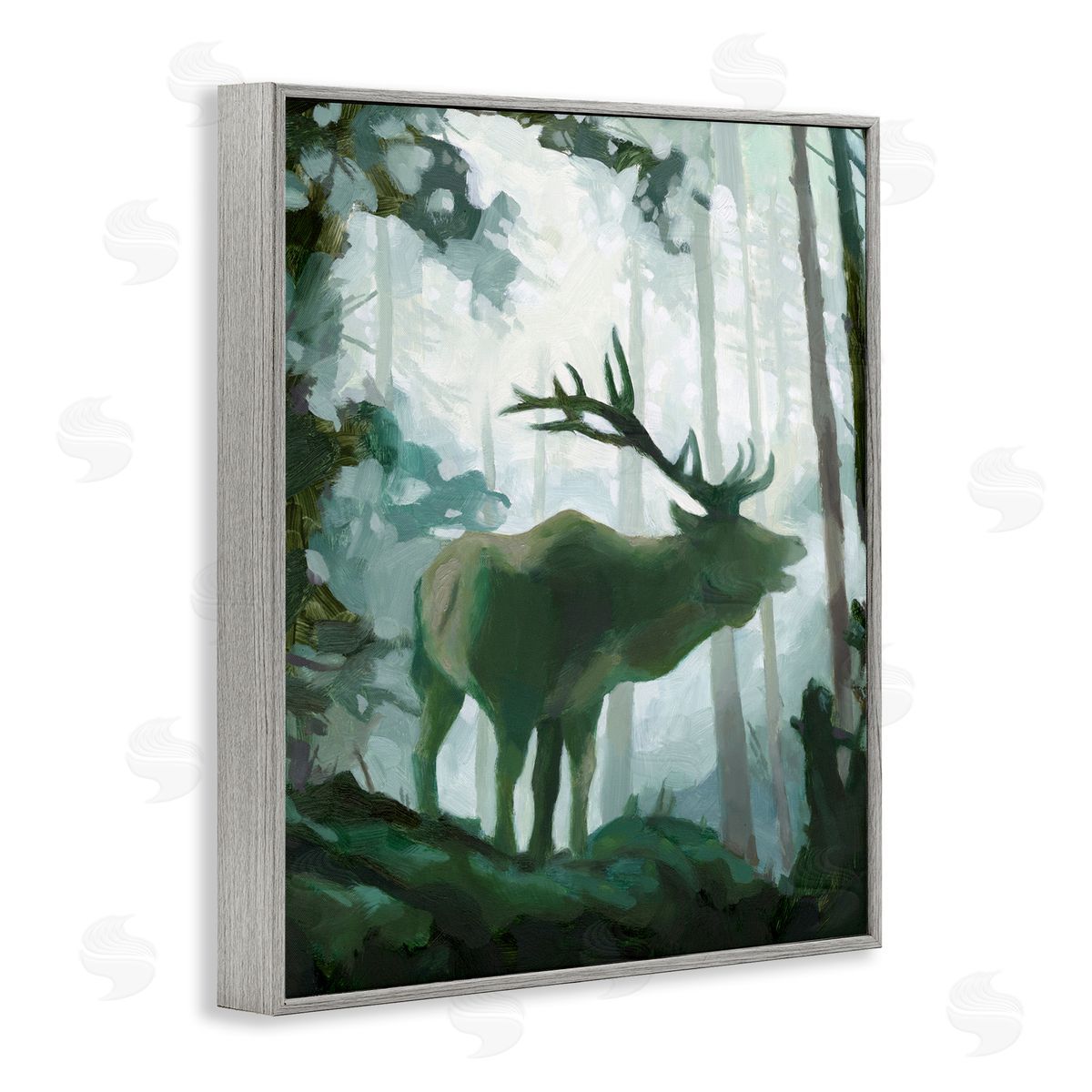 Jacob Green Elk Wilderness Silhouette Deep Green Forest Animal Gray Framed Giclee Wall Art