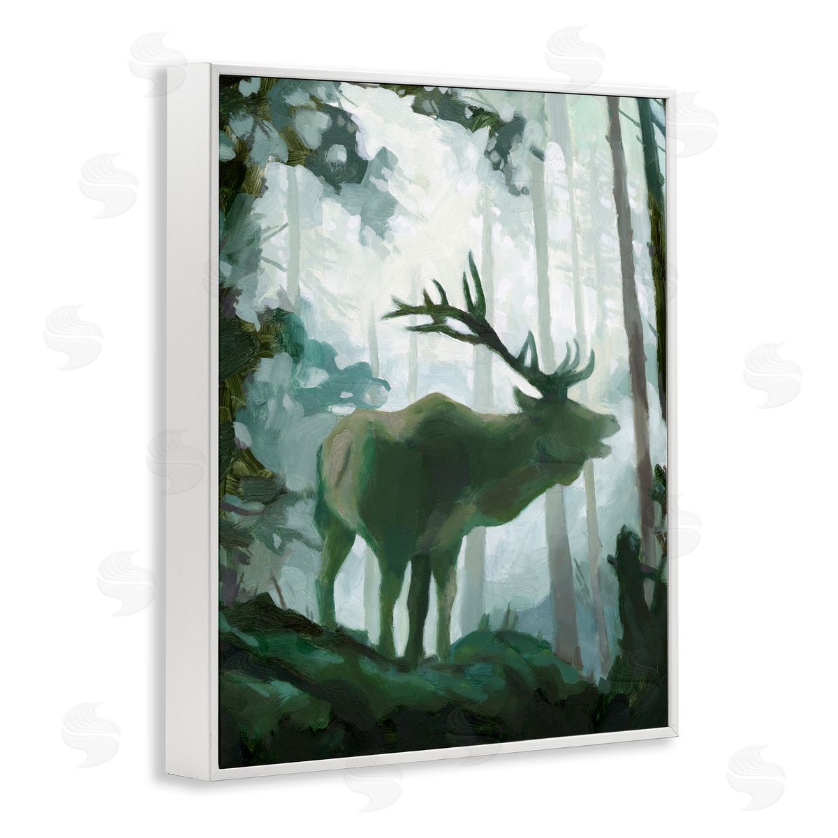 Jacob Green Elk Wilderness Silhouette Deep Green Forest Animal White Framed Giclee Wall Art