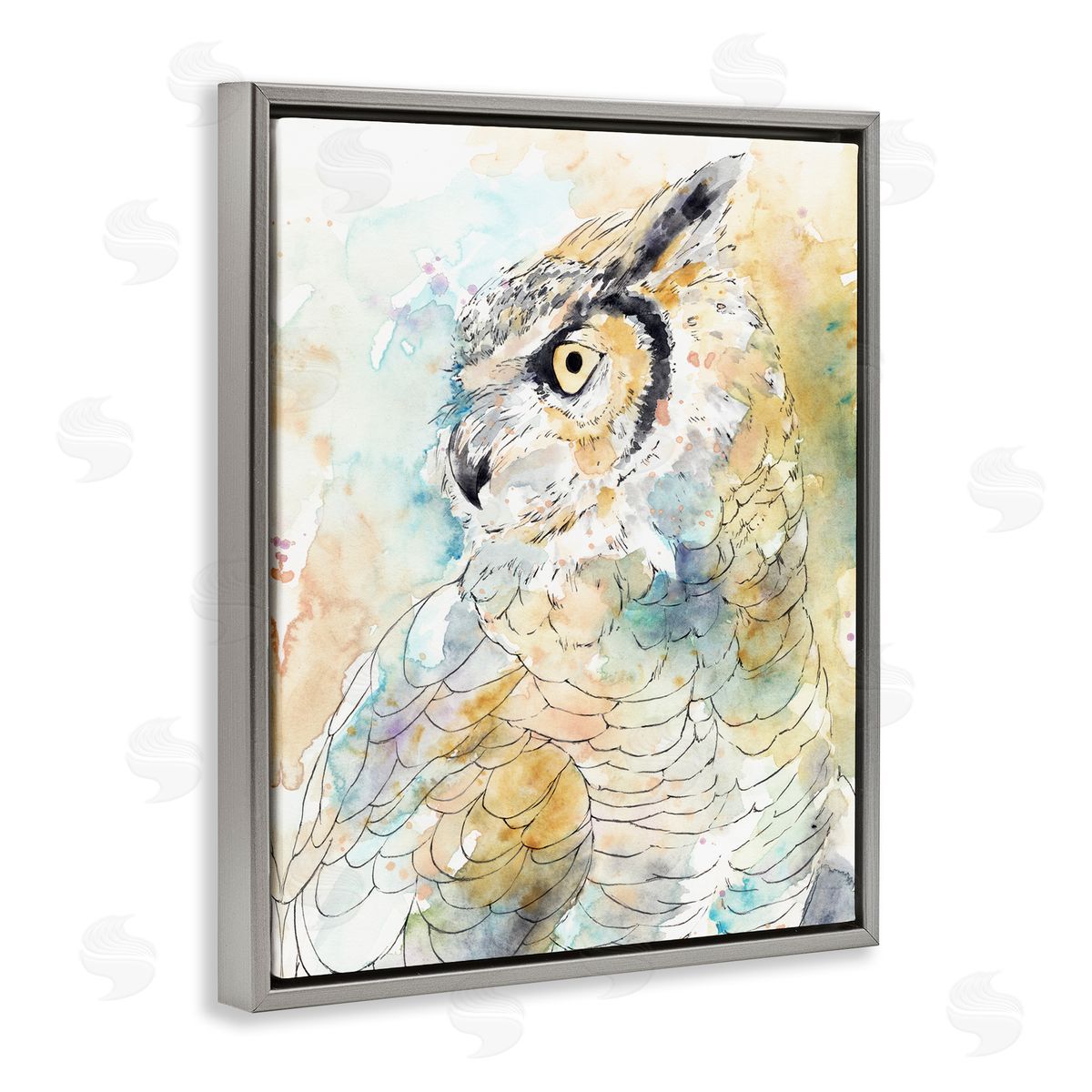 Annie Warren Owl Side Eye Portrait Woodland Bird Watercolor Gray Floater Frame Canvas Art