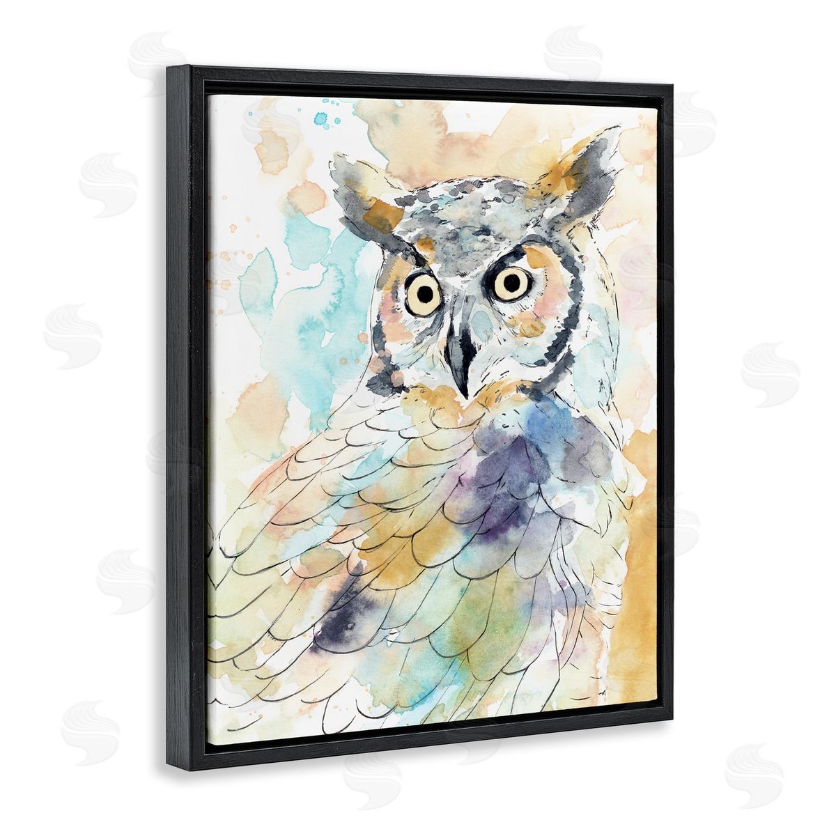 Annie Warren Majestic Owl Portrait Bird Watercolor Design Black Floater Frame Canvas Art