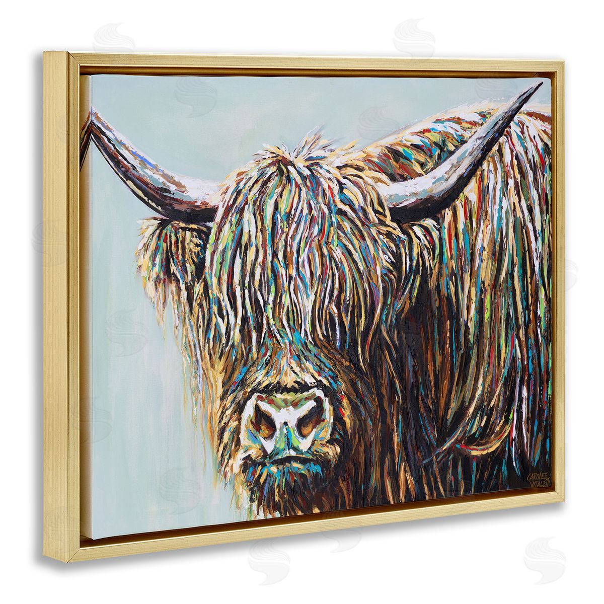 Carolee Vitaletti Whimsical Rainbow Hair Woolly Highland Cattle Portrait Gold Floater Frame Canvas Art