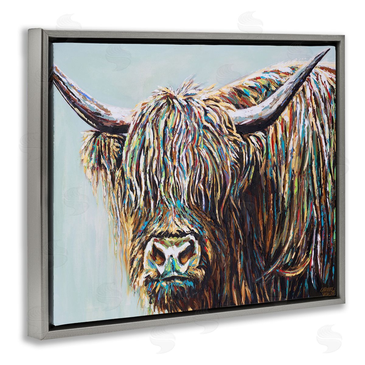 Carolee Vitaletti Whimsical Rainbow Hair Woolly Highland Cattle Portrait Gray Floater Frame Canvas Art