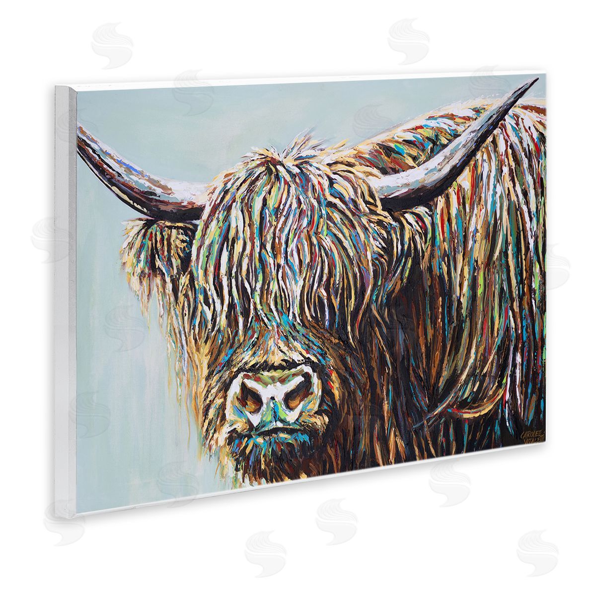 Carolee Vitaletti Whimsical Rainbow Hair Woolly Highland Cattle Portrait Wall Plaque Art