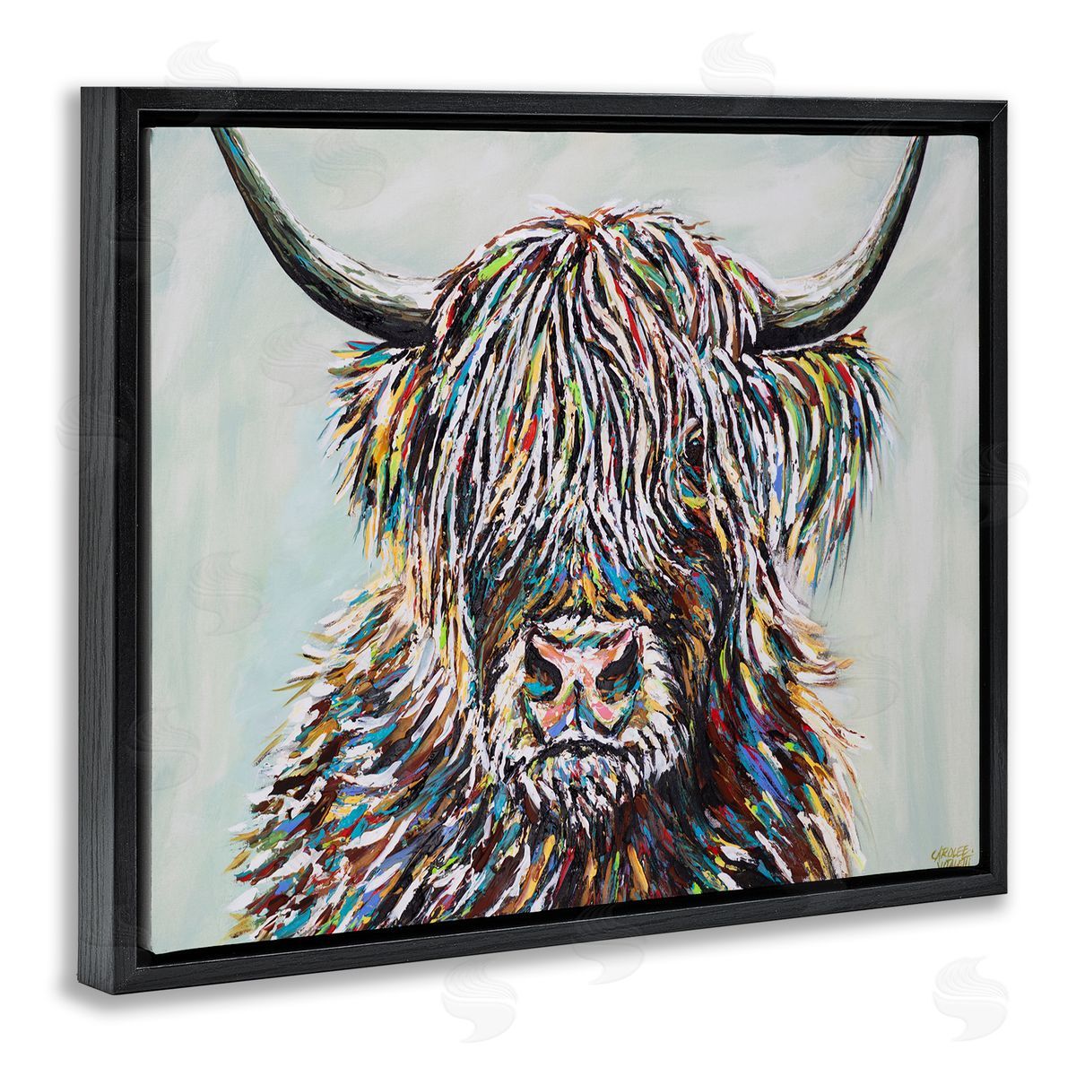 Carolee Vitaletti Country Cattle Wooly Highland Portrait Rainbow Hair Black Floater Frame Canvas Art