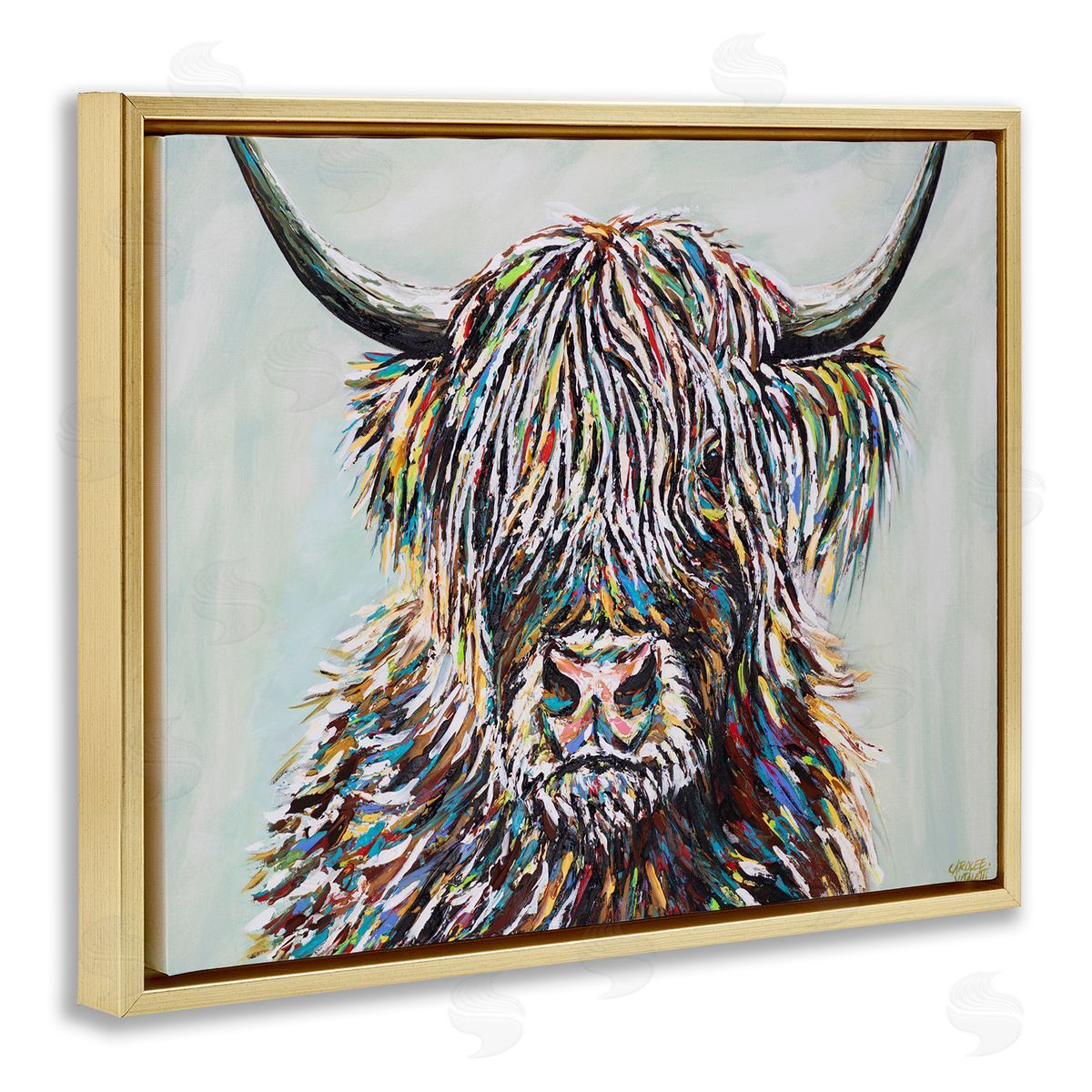 Carolee Vitaletti Country Cattle Wooly Highland Portrait Rainbow Hair Gold Floater Frame Canvas Art