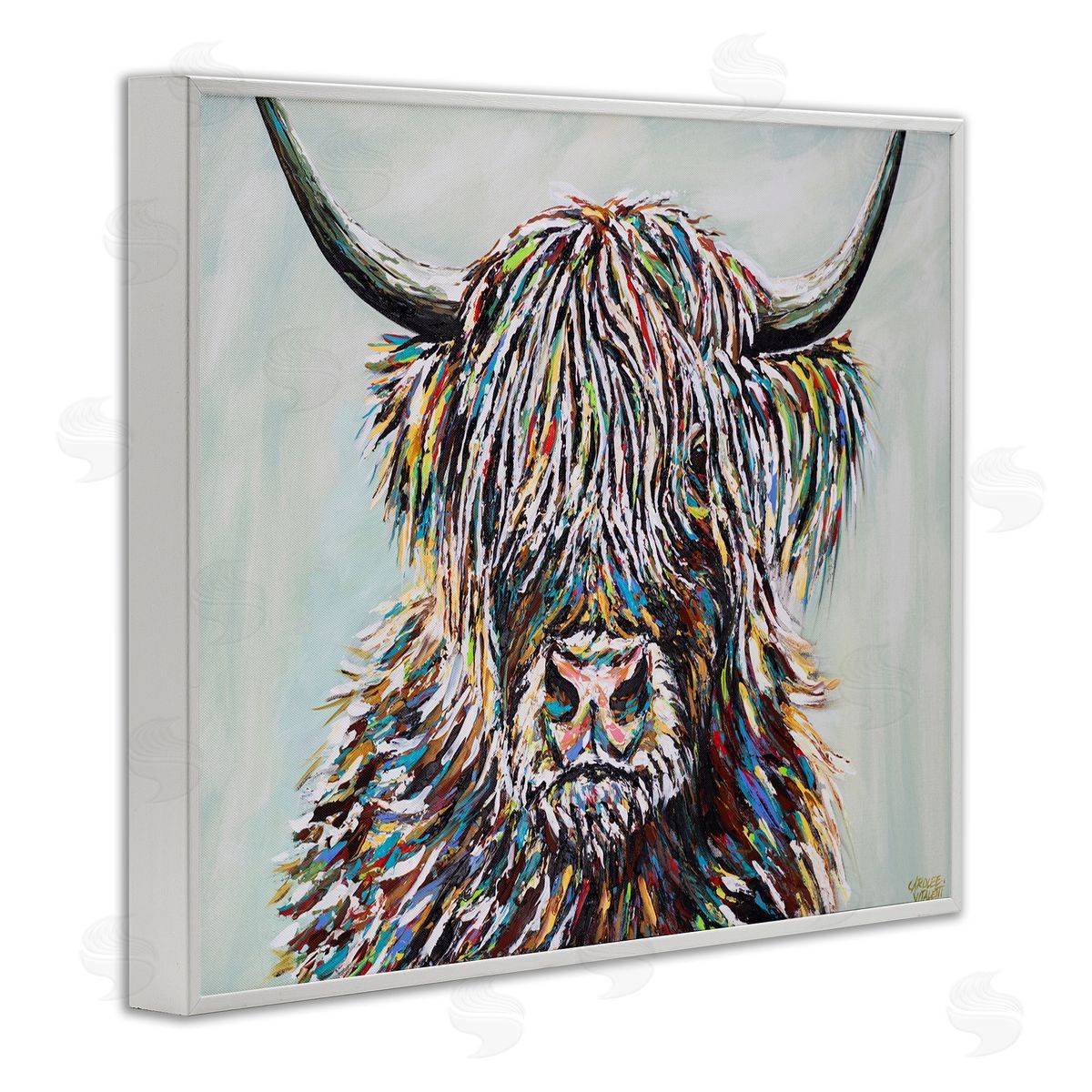 Carolee Vitaletti Country Cattle Wooly Highland Portrait Rainbow Hair White Framed Giclee Wall Art