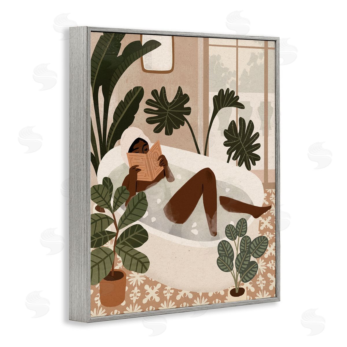 Victoria Barnes Female Reading in Bath Tropical Palm Plants Gray Framed Giclee Wall Art
