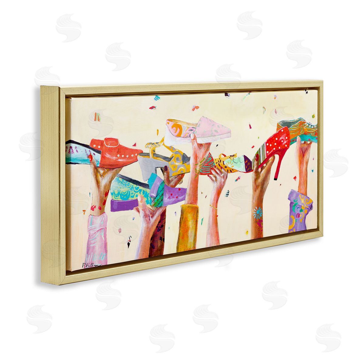 Pamela K. Beer Hands Holding Shoes Cheerful Bright Patterns Gold Floater Frame Canvas Art