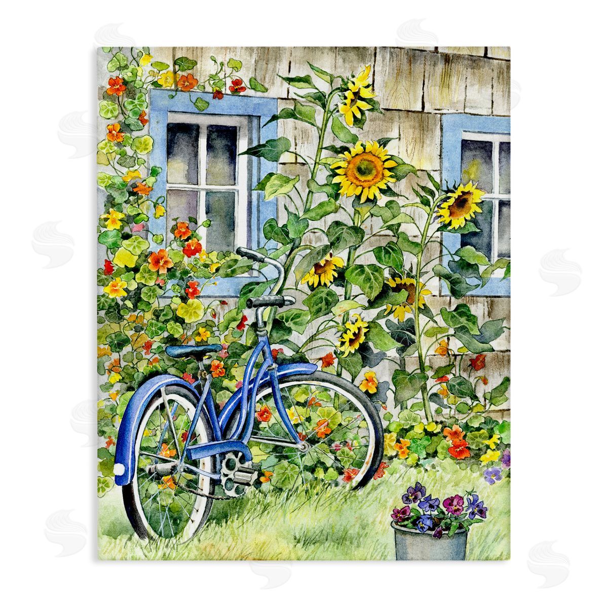 Gwendolyn Babbit Blue Bicycle on Traditional Farmhouse Sunflowers Canvas Wall Art