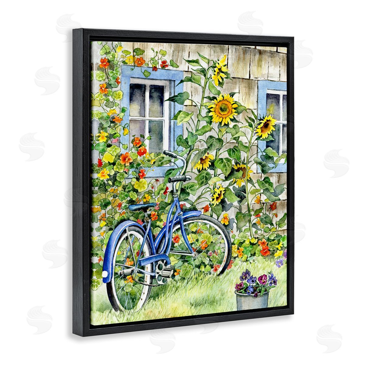 Gwendolyn Babbit Blue Bicycle on Traditional Farmhouse Sunflowers Black Floater Frame Canvas Art