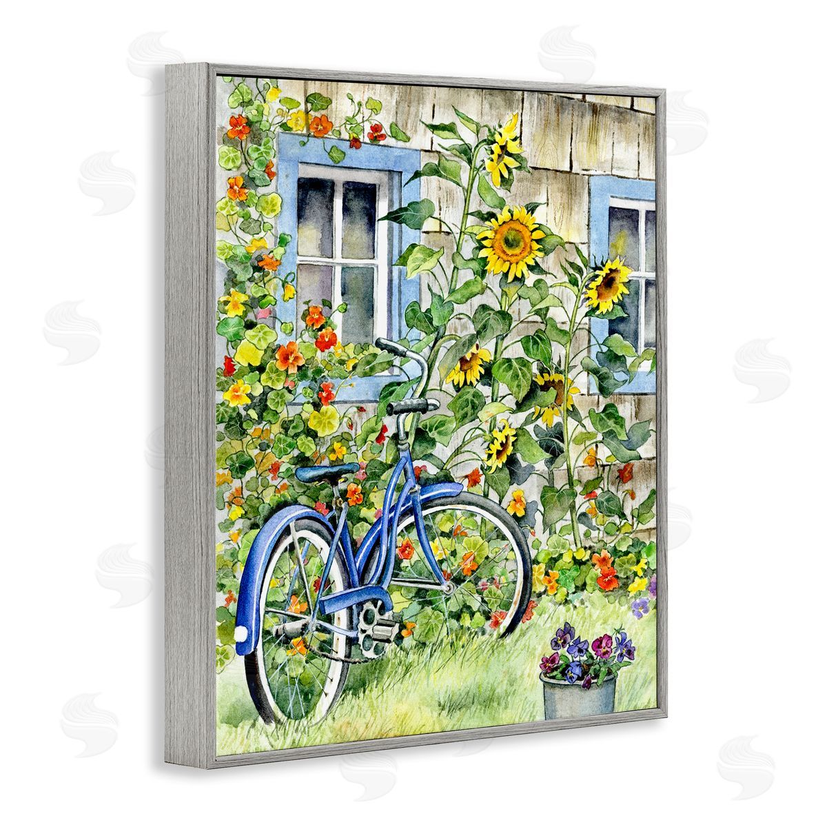 Gwendolyn Babbit Blue Bicycle on Traditional Farmhouse Sunflowers Gray Framed Giclee Wall Art