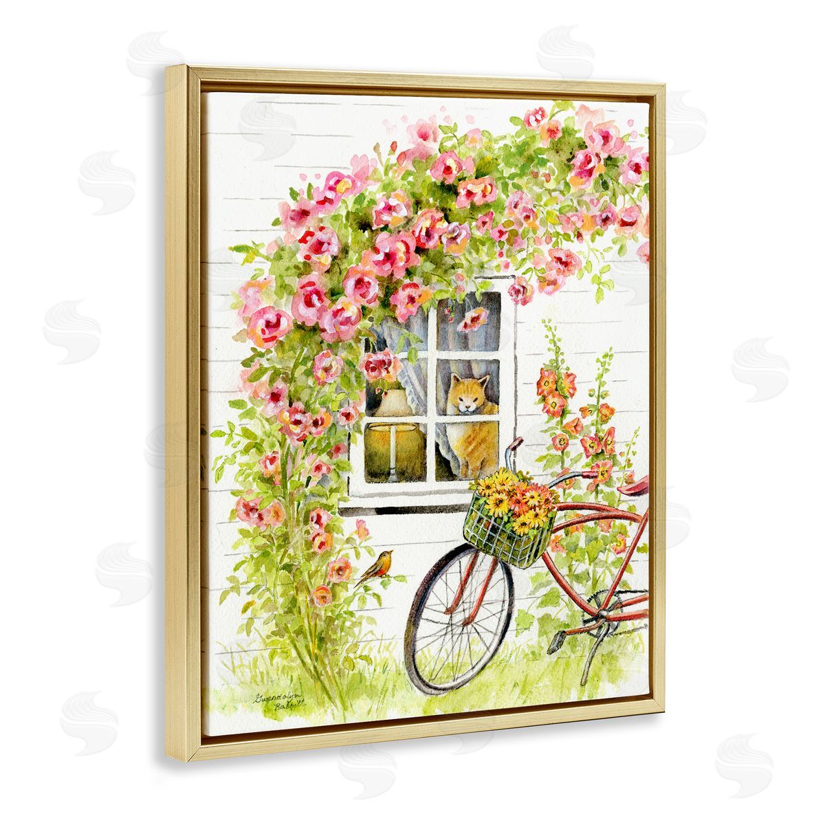 Gwendolyn Babbit Pink Bicycle with Charming Cat Cottage  Gold Floater Frame Canvas Art