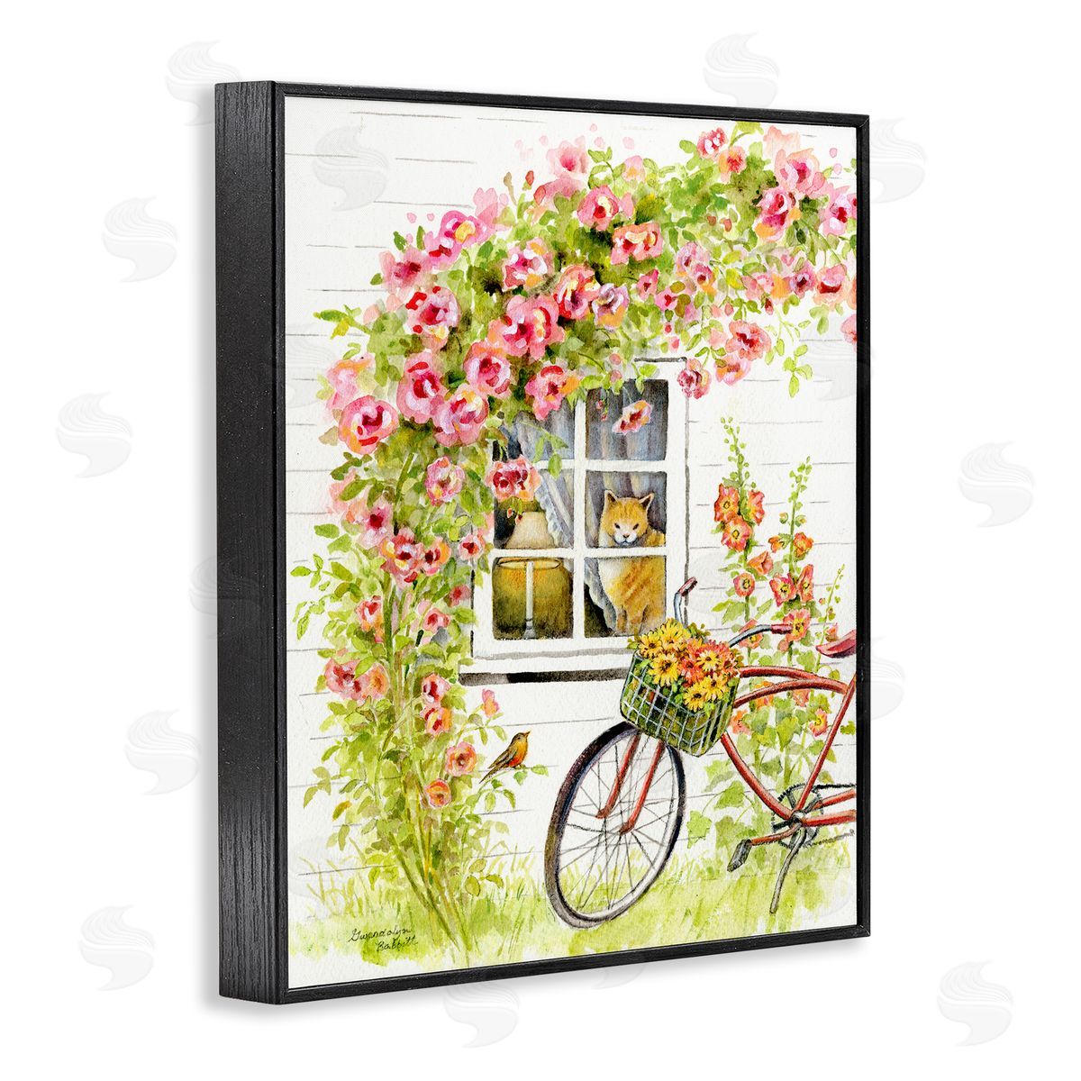 Gwendolyn Babbit Pink Bicycle with Charming Cat Cottage  Black Framed Giclee Wall Art
