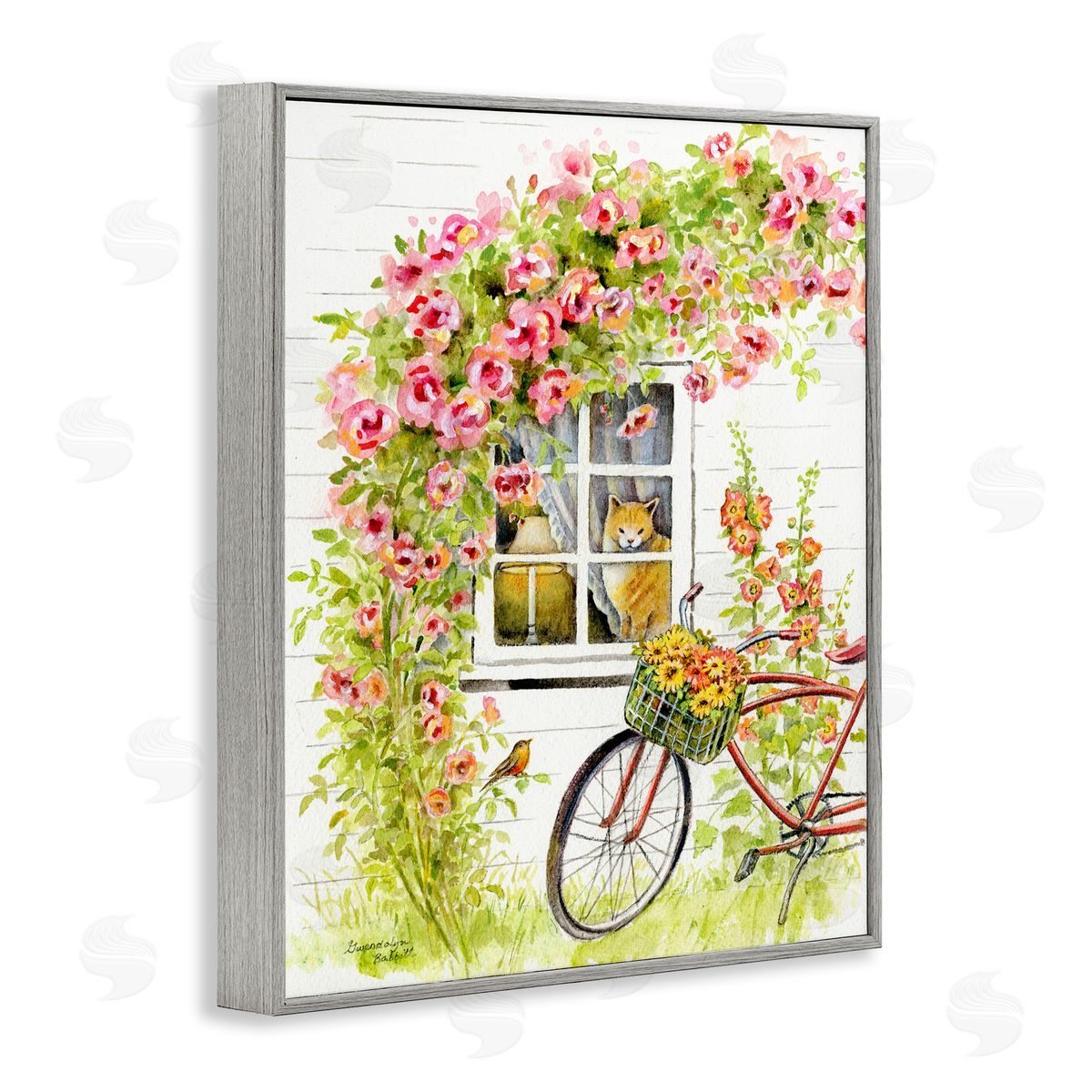 Gwendolyn Babbit Pink Bicycle with Charming Cat Cottage  Gray Framed Giclee Wall Art