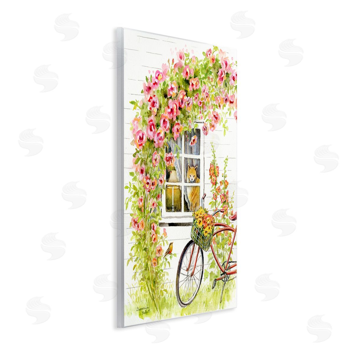 Gwendolyn Babbit Pink Bicycle with Charming Cat Cottage  Wall Plaque Art