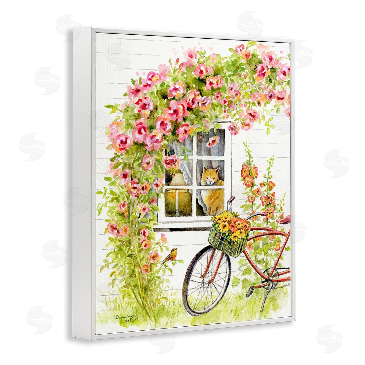 Gwendolyn Babbit Pink Bicycle with Charming Cat Cottage  White Framed Giclee Wall Art