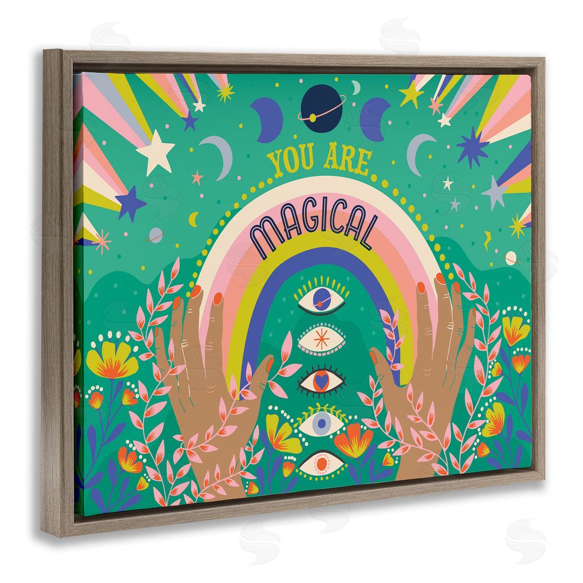 Caroline Alfreds You Are Magical Phrase Rainbow Under Constellations Brown Floater Frame Canvas Art