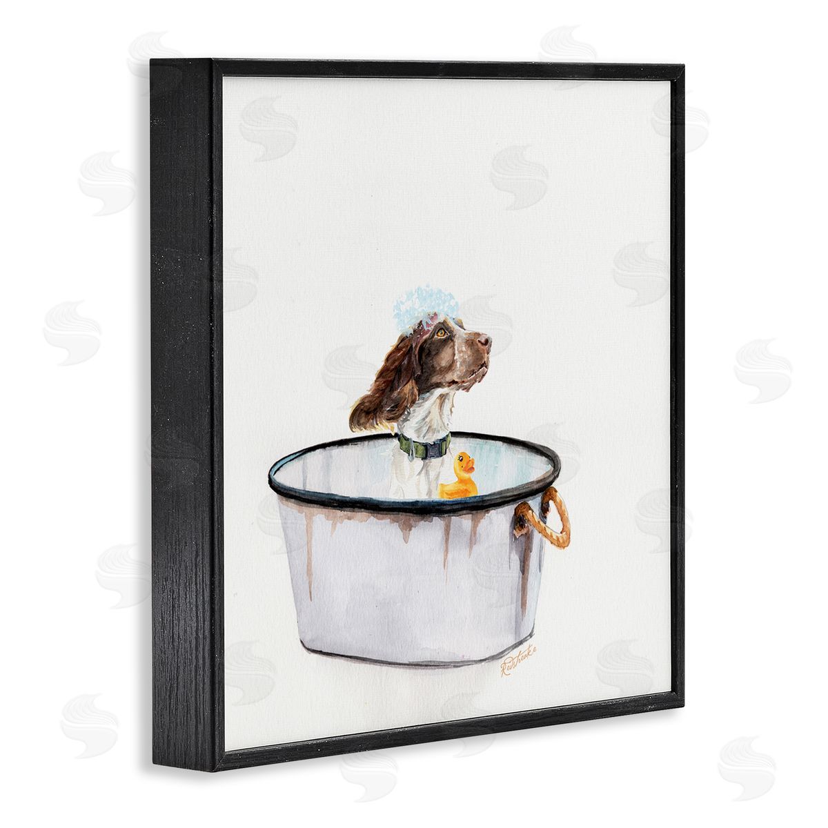 Jennifer Redstreake Dog in Country Bath Tin with Rubber Duck Black Framed Giclee Wall Art