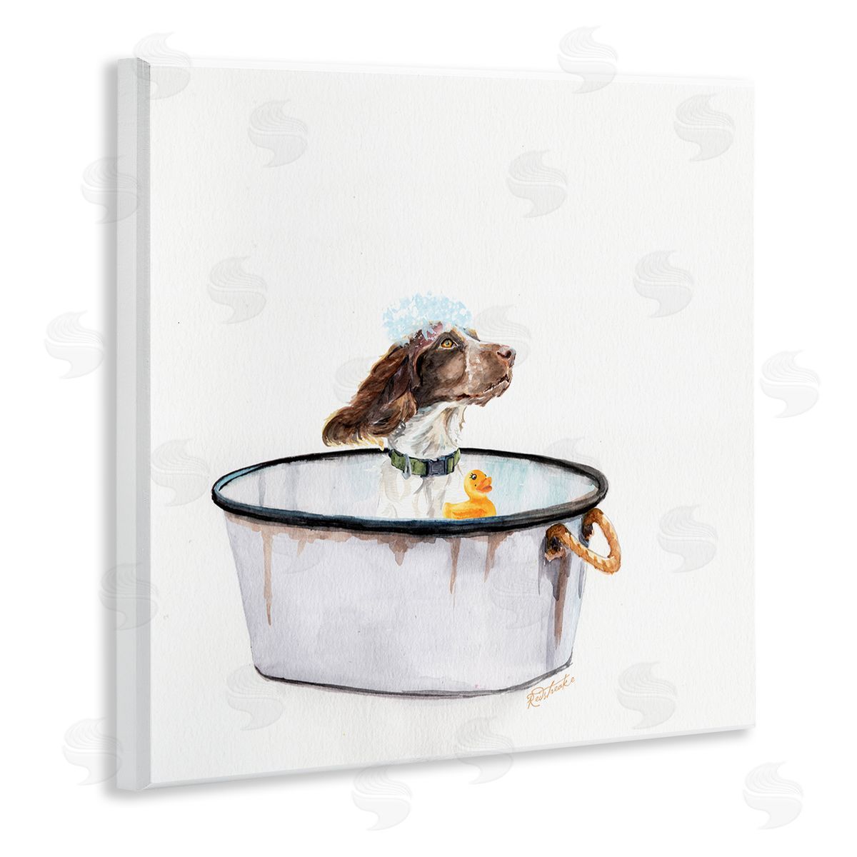 Jennifer Redstreake Dog in Country Bath Tin with Rubber Duck Wall Plaque Art