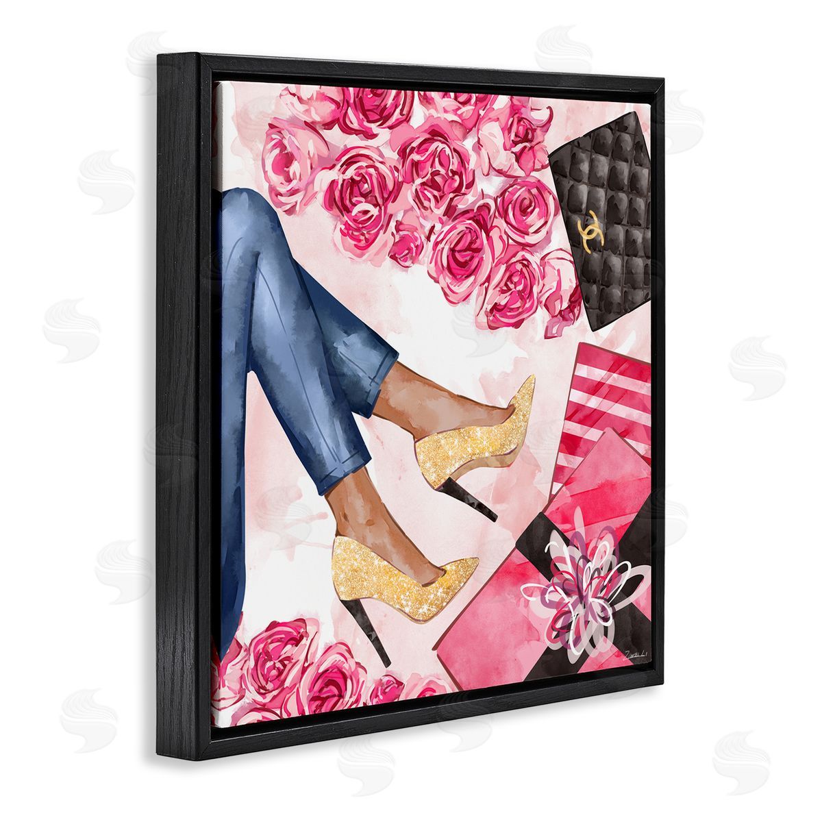 Ziwei Li Golden Sparkle Heels Wrapped Presents Pink Florals Black Floater Frame Canvas Art